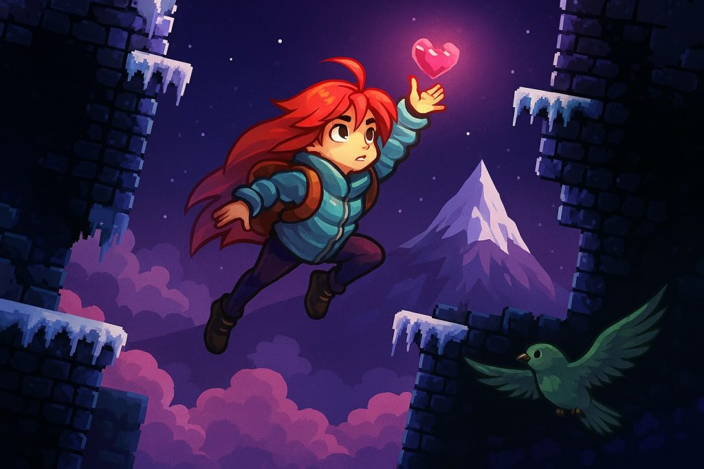 A 2D digital illustration of Celeste gameplay showing the main character scaling a mountain with precise platforming elements, symbolizing challenge and skill progression.