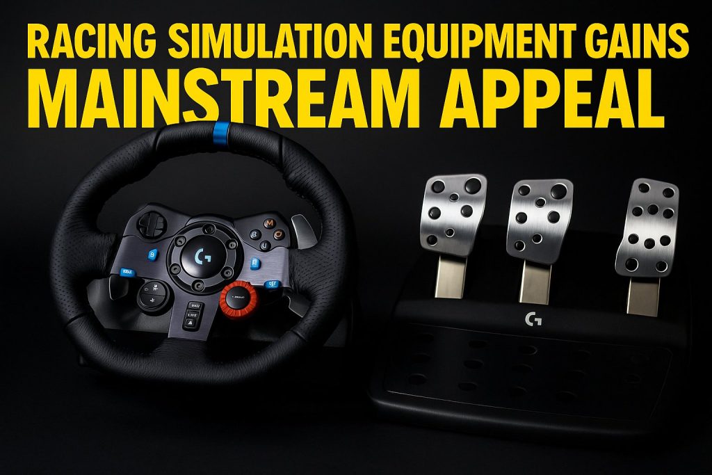 “Close-up of Logitech G29 racing wheel and pedals, showing leather stitching, RPM LEDs, and precision controls for realistic simulation.”