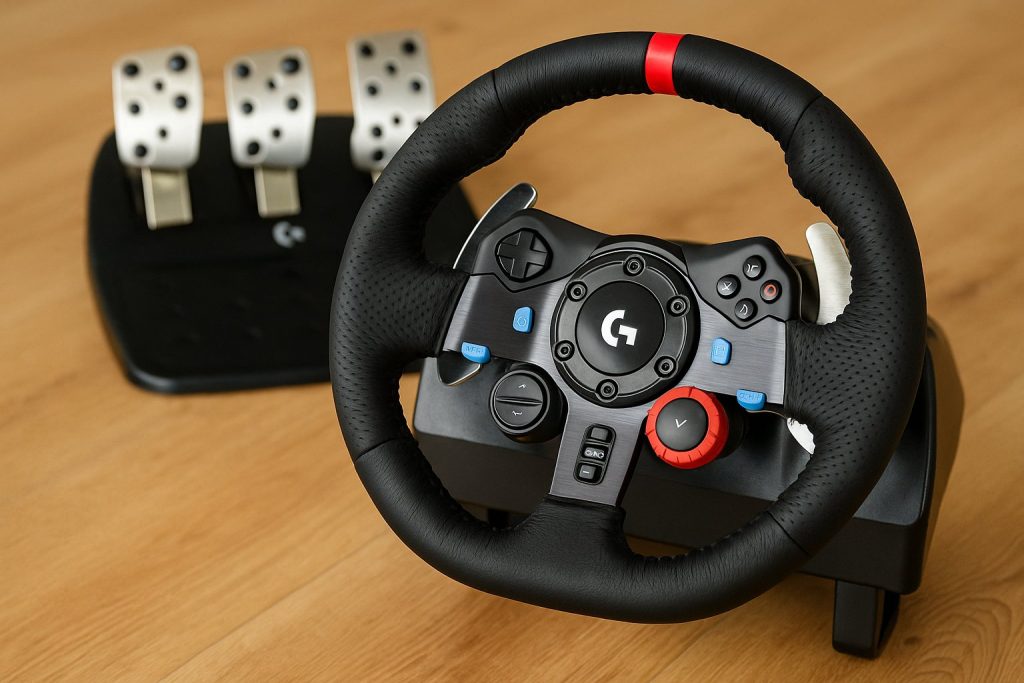 “Futuristic visualization of Logitech G29 racing wheel with neon effects, representing innovation and the future of simulation gear.”