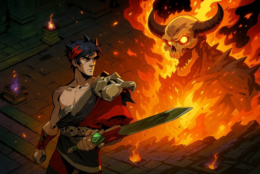 Illustration of Zagreus battling mythological enemies in a fiery underworld dungeon, representing Hades’ roguelike combat and strategic depth.