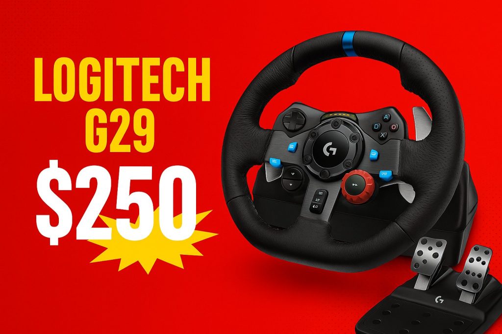 “Logitech G29 Driving Force racing wheel and pedals with bold $250 price tag, highlighting a hot deal for gamers.”