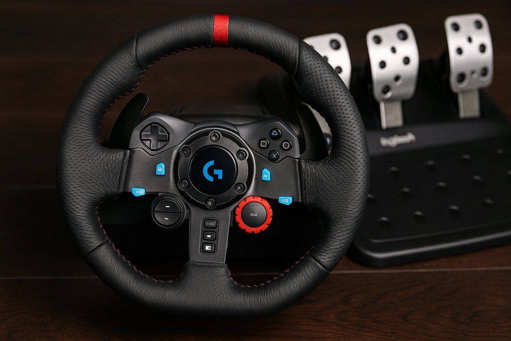 “Logitech G29 racing wheel and pedal set displayed on a desk, representing the competitive gaming accessory market and pricing flexibility.”