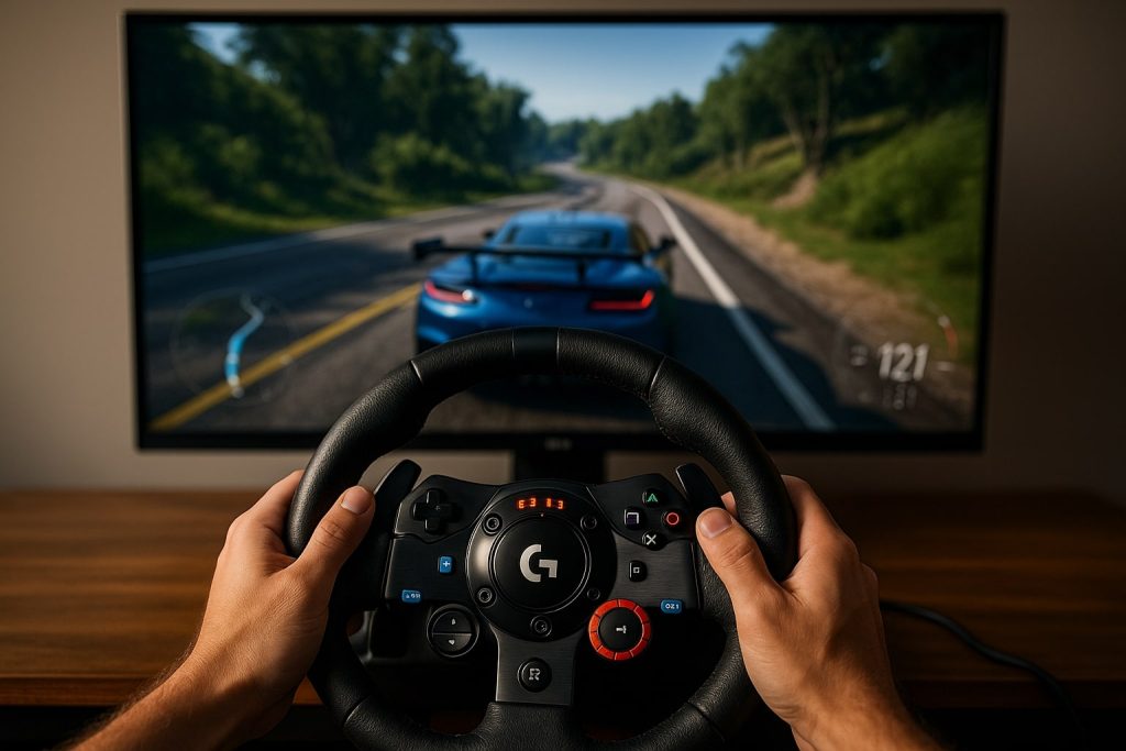 Logitech G29 racing wheel in realistic racing simulation gameplay with car on track and immersive force feedback experience