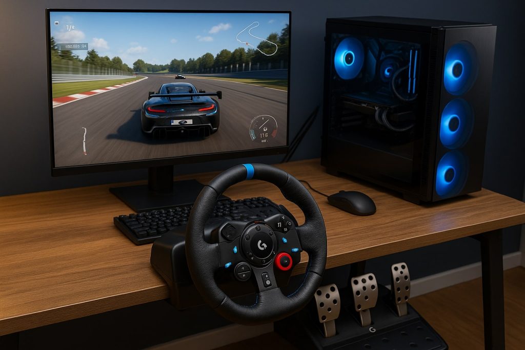 Realistic gaming setup with Logitech G29 racing wheel, PC, monitor, and desk for immersive racing simulation.